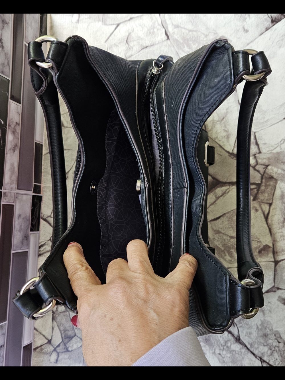 Classic Black Shoulder Tote with Front Zip and Snap Pocket - Picture 11 of 16
